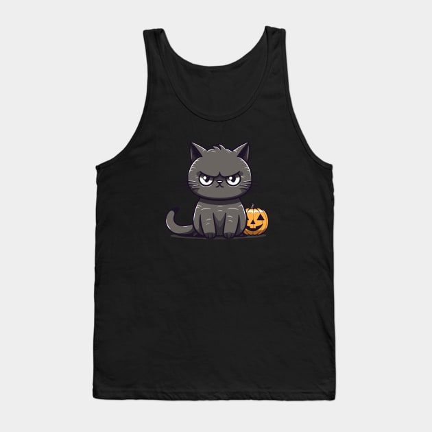 Annoyed Cat with Pumpkin Tank Top by origato